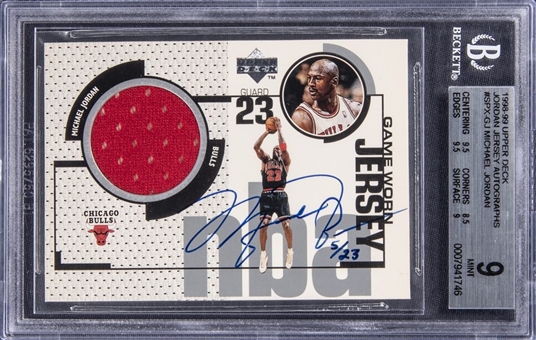 1998-99 Upper Deck "Jordan Jersey Autographs" #SPX-GJ Michael Jordan Signed Game Used Jersey Card (#5/23) – BGS MINT 9/BGS 10